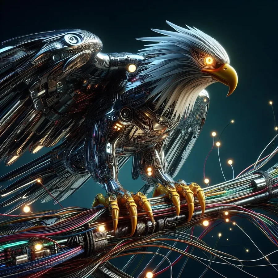 Águia Cibernética: águia robótica sobre cabos de fibra ótica